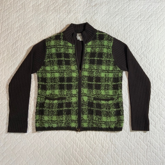 Carlisle Women’s Green And Black Zip-Up Wool/Mohair Sweater – Size Med (A110) - Picture 1 of 6